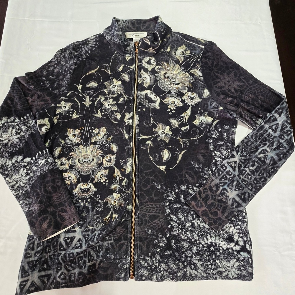 Christopher & Banks Petite Mixed Print Rhinestone Zip Jacket Black‎ Gray P/M